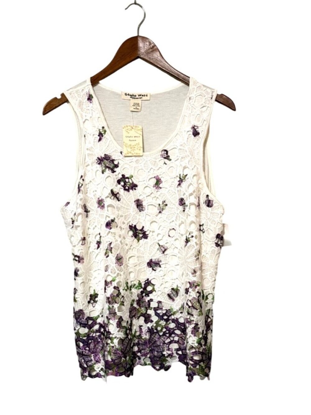 NWT Studio West White & Purple Floral Lace Tank Top 1X Rayon/Spandex Sleeveless